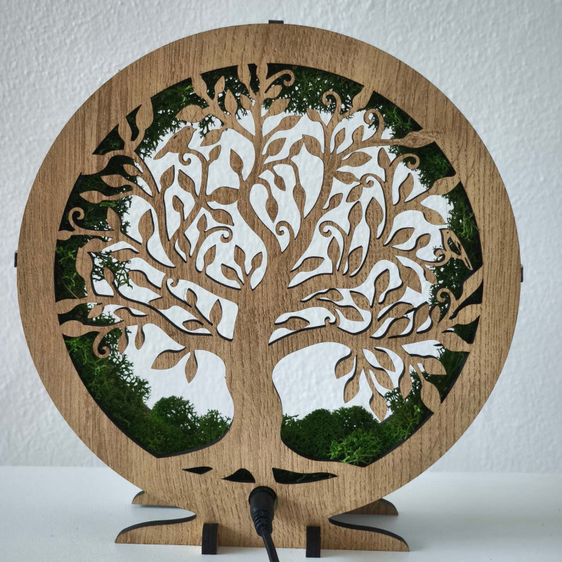 Stylish table lamp with the symbol of the Tree of Life and green moss.