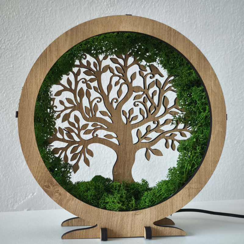Stylish table lamp with the symbol of the Tree of Life and green moss.