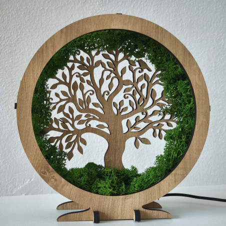 Stylish table lamp with the symbol of the Tree of Life and green moss.
