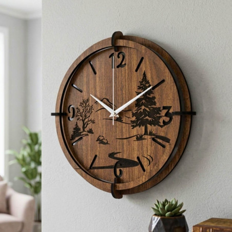 Wooden wall clock with nature motif | Wenge walnut