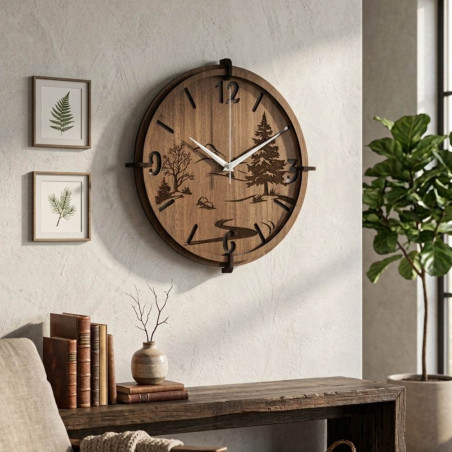 Wooden wall clock with nature motif | Wenge walnut