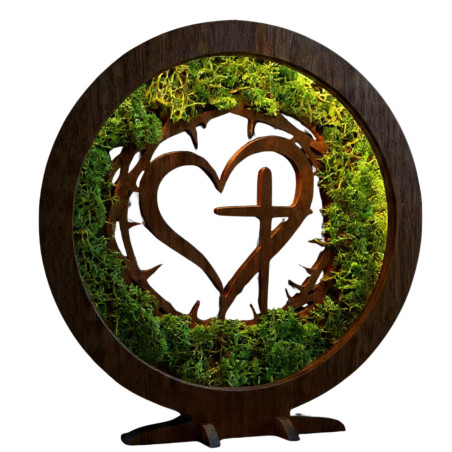 Stylish decoration with a spiritual motif. LED lamp with moss in an elegant walnut decor.