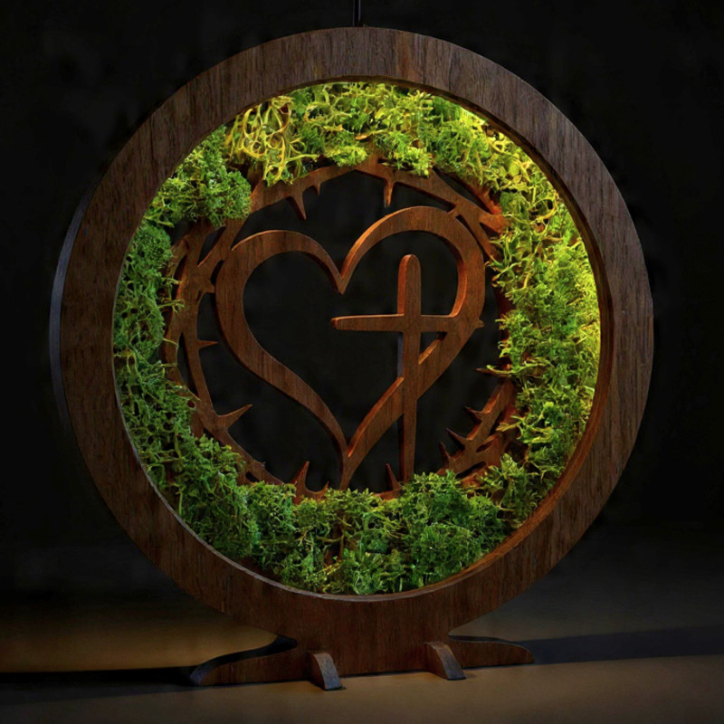 Wooden LED lamp with heart and cross. Natural moss and warm light for your home.