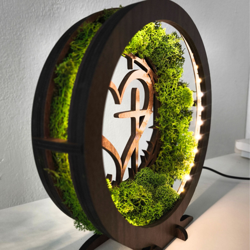 Wooden LED lamp with heart and cross. Natural moss and warm light for your home.