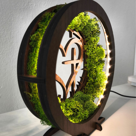 Wooden LED lamp with heart and cross. Natural moss and warm light for your home.
