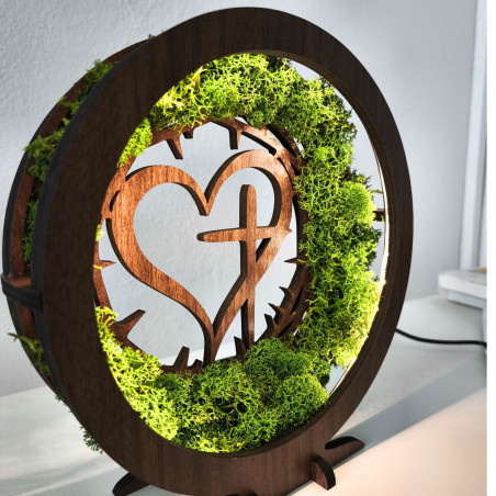Wooden LED lamp with heart and cross. Natural moss and warm light for your home.
