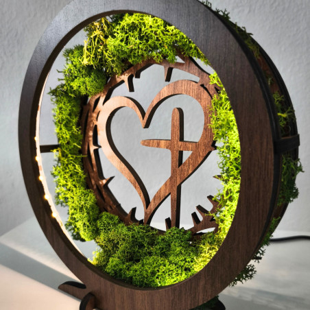 Wooden LED lamp with heart and cross. Natural moss and warm light for your home.