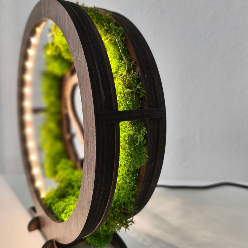 Wooden LED lamp with heart and cross. Natural moss and warm light for your home.