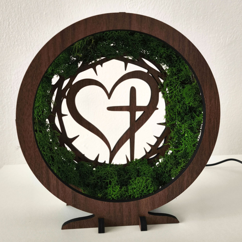 Looking for a unique gift? An LED lamp with moss and a Christian symbol is the perfect choice.