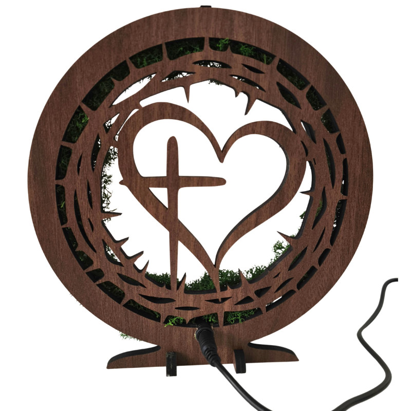Looking for a unique gift? An LED lamp with moss and a Christian symbol is the perfect choice.