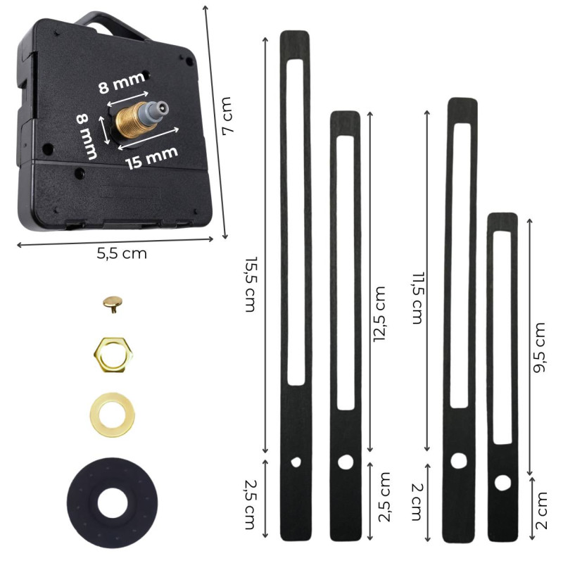 Larger and smaller black clock hands for DIY clocks and decorations.