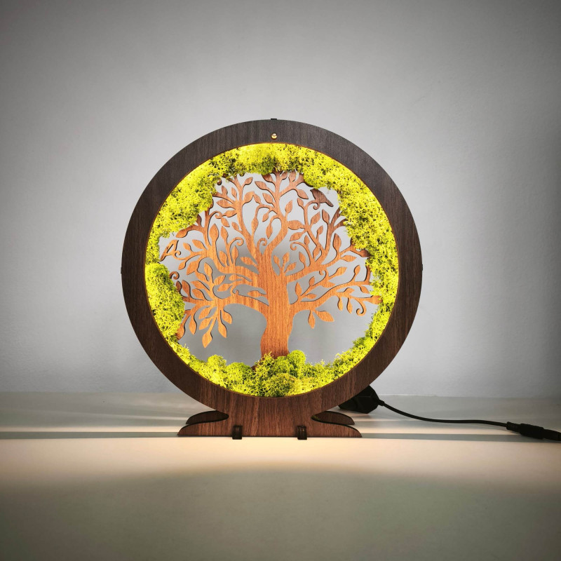 Dimmable LED table lamp with a natural Tree of Life motif.