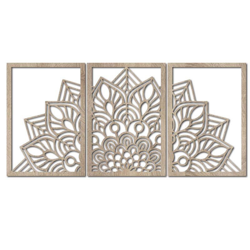 Liven up your walls with a three-piece mandala and a clock made of HDF. Elegance in every detail.