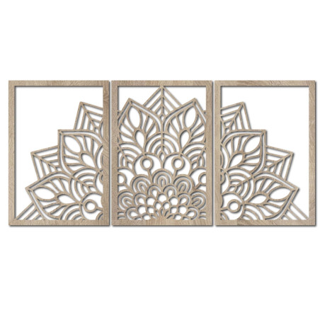 Liven up your walls with a three-piece mandala and a clock made of HDF. Elegance in every detail.