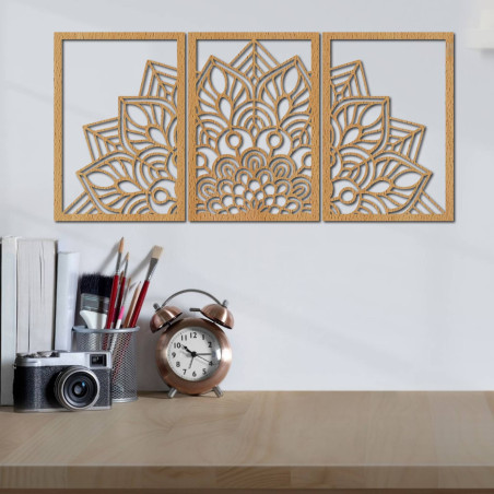 A precisely carved mandala and clock. A combination of art and natural material.