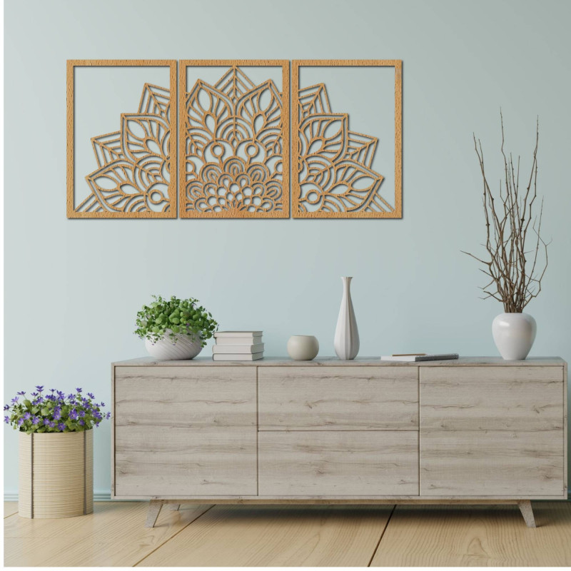 A precisely carved mandala and clock. A combination of art and natural material.