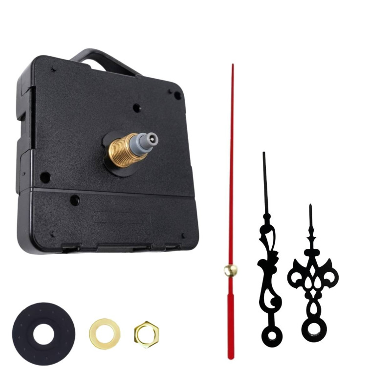 Designer black aluminum hands for wall clocks with a distinctive red seconds hand.