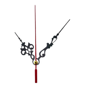 Black aluminum clock hands with a red second hand, ideal for replacing old hands.