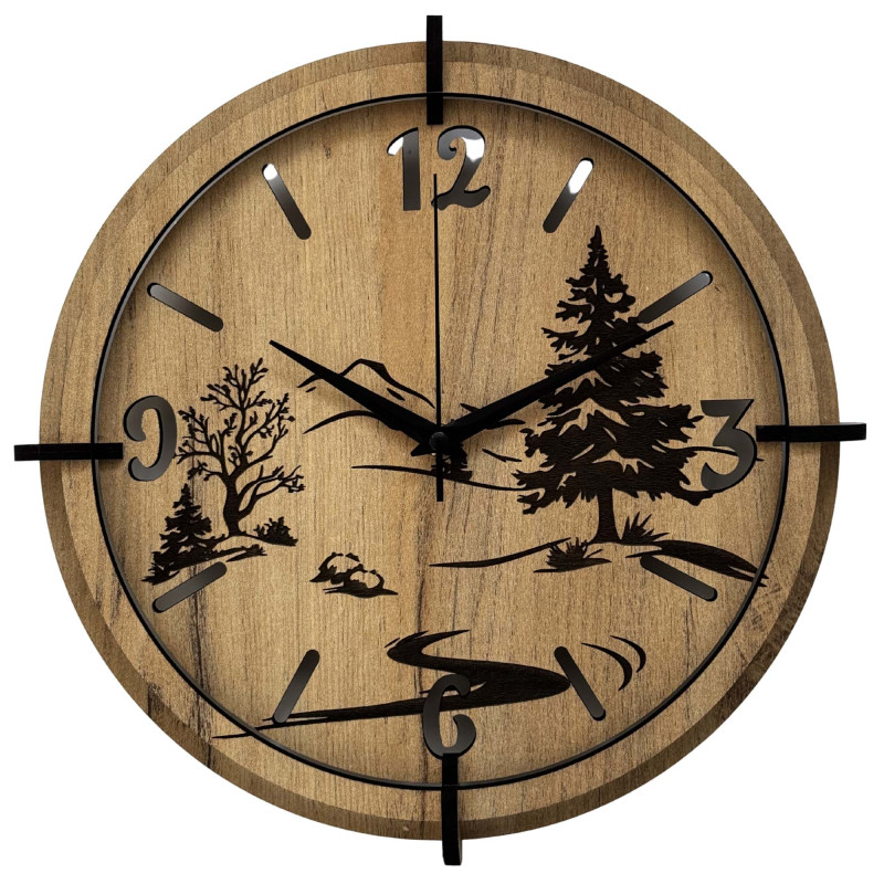 Modern wall clock with a forest and mountain landscape motif