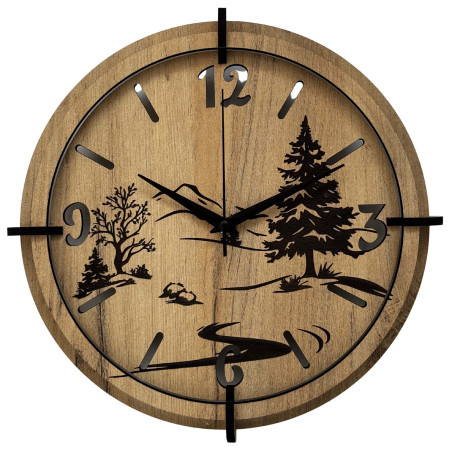 Modern wall clock with a forest and mountain landscape motif