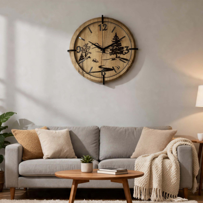 Modern wall clock with a forest and mountain landscape motif