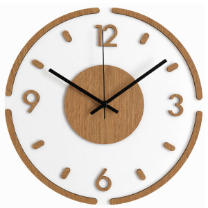 Elegant white clock with wooden details and metal silver hands. 2
