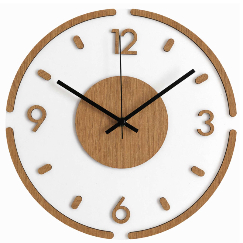 Elegant white clock with wooden details and metal silver hands.