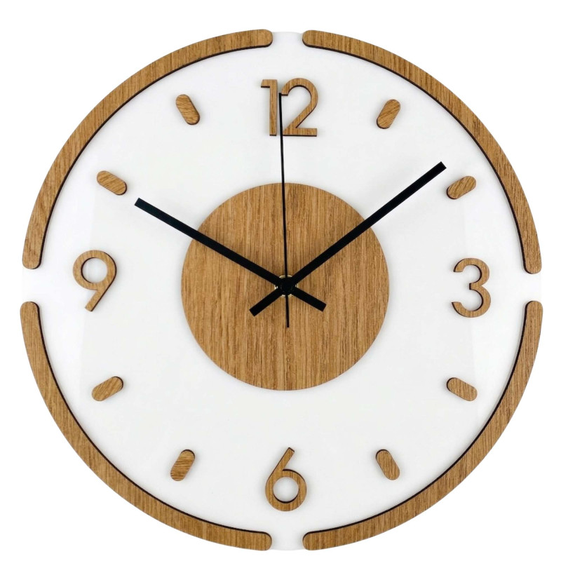 Modern round wall clock with oak decor and...