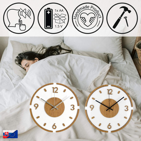 Elegant white clock with wooden details and metal silver hands.