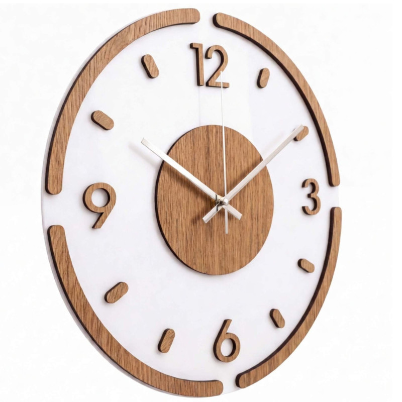 Silent wall clock: white dial, wooden numbers, silver hands.