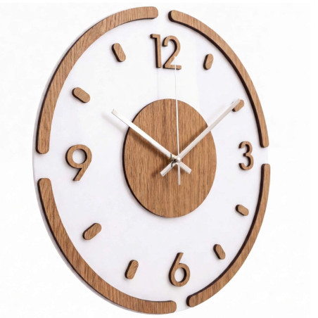 Silent wall clock: white dial, wooden numbers, silver hands.