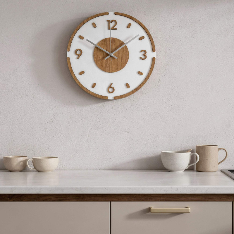 Silent wall clock: white dial, wooden numbers, silver hands.