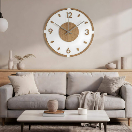 Silent wall clock: white dial, wooden numbers, silver hands.