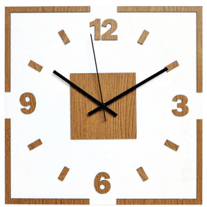 Modern square wall clock in oak decor with white background