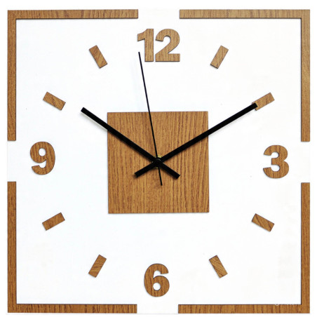 Modern square wall clock in oak decor with white background