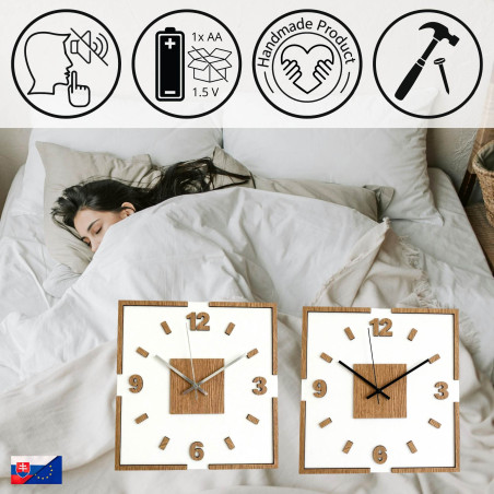 Designer wall clock made of HDF, oak pattern and white plexiglass