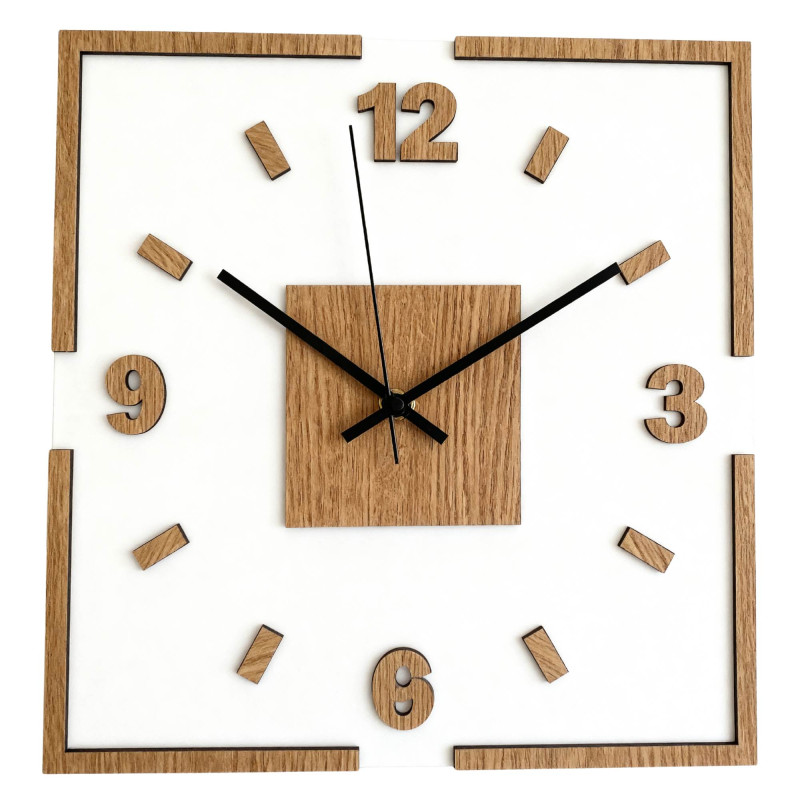 Modern square wall clock in oak decor with white background