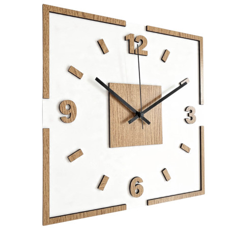 Modern square wall clock in oak decor with white background