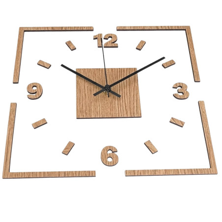 Modern square wall clock in oak decor with white background