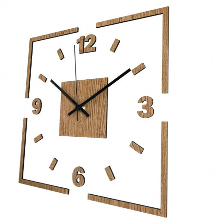 Modern square wall clock in oak decor with white background