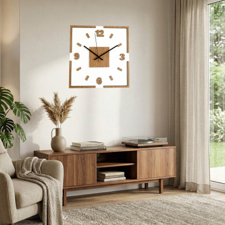 Designer wall clock made of HDF, oak pattern and white plexiglass