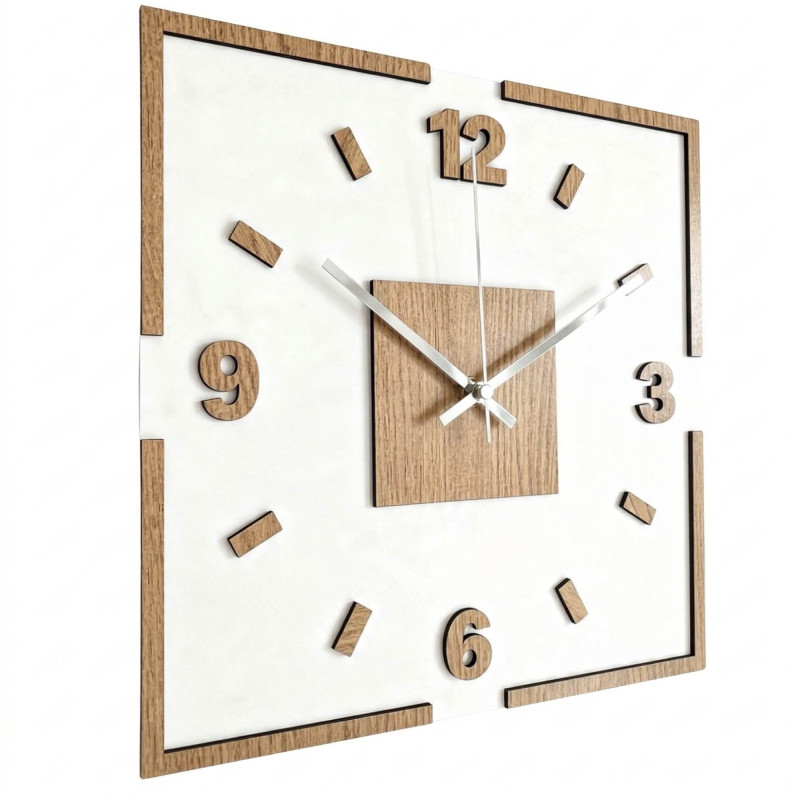 Square wooden wall clock, combination of oak and white, 3D design
