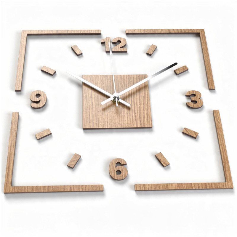 Square wooden wall clock, combination of oak and white, 3D design
