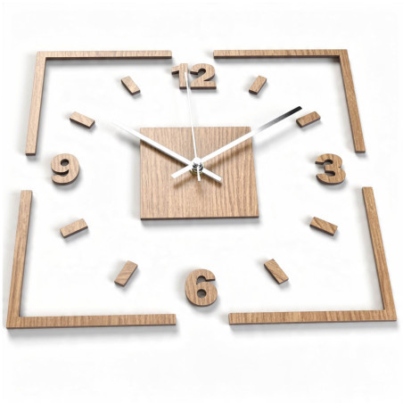 Square wooden wall clock, combination of oak and white, 3D design