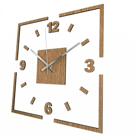 Square wooden wall clock, combination of oak and white, 3D design
