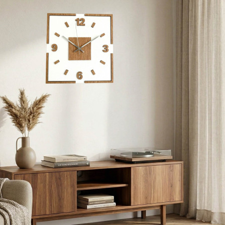 Designer wall clock made of HDF, oak pattern and white plexiglass