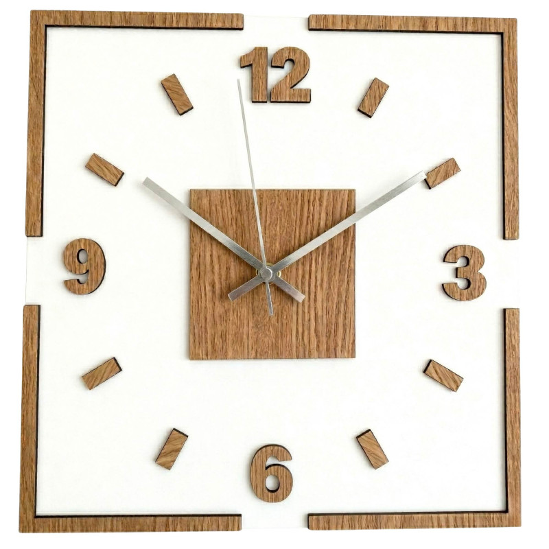 Designer wall clock made of HDF, oak pattern and white plexiglass
