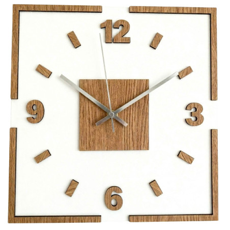 Designer wall clock made of HDF, oak pattern and white plexiglass