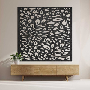 A design wall with a laser motif of a blooming flower made of wood. 2