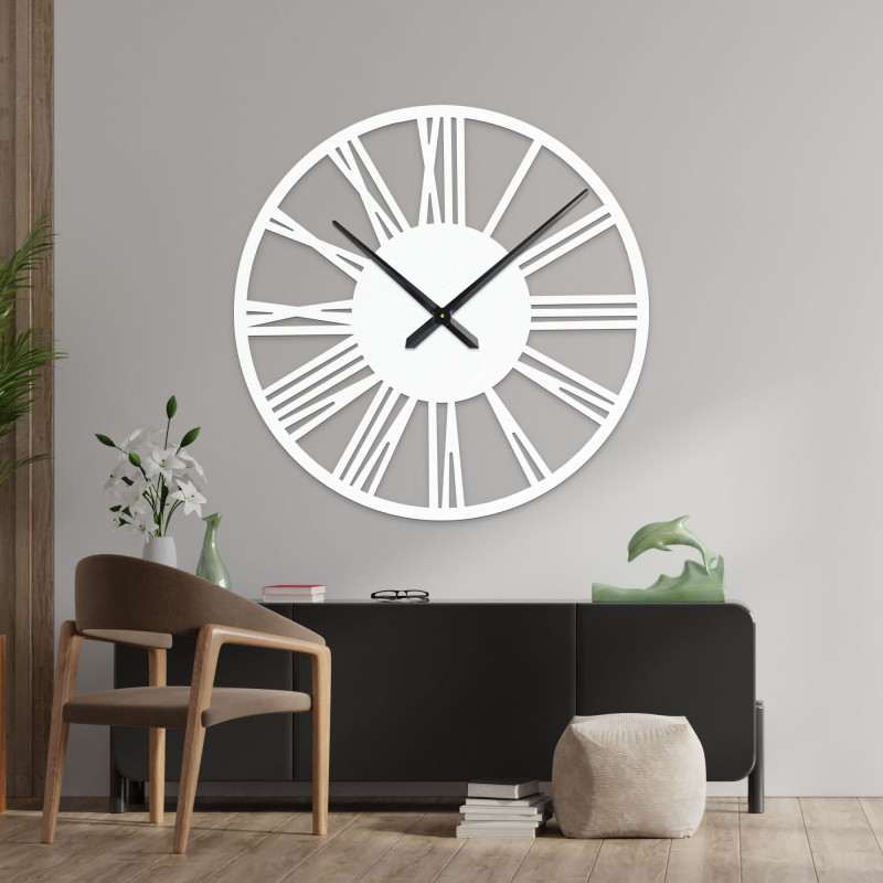 Wall clock with Roman numerals and silver hands, decor